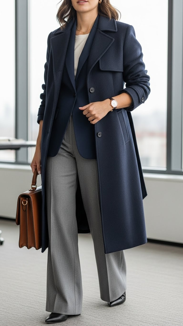 Tailored navy wool trench coat over blazer & wide-leg trousers. Business casual office look with briefcase, gold watch.