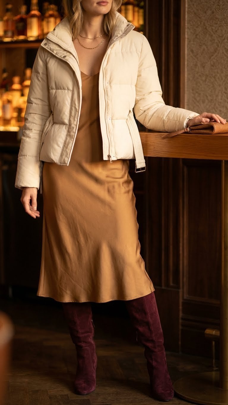Tailored puffer jacket over silky midi slip dress, knee-high suede boots, gold necklace, clutch, elegant evening wear.