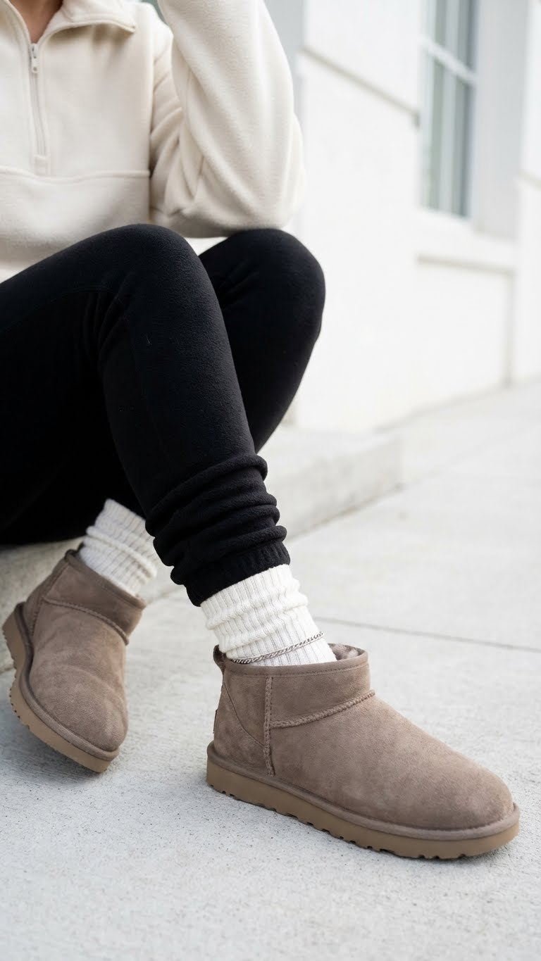 Taupe Ultra Mini Ugg boots with black fleece leggings and white ribbed socks on a sidewalk. Comfortable athleisure winter outfit.