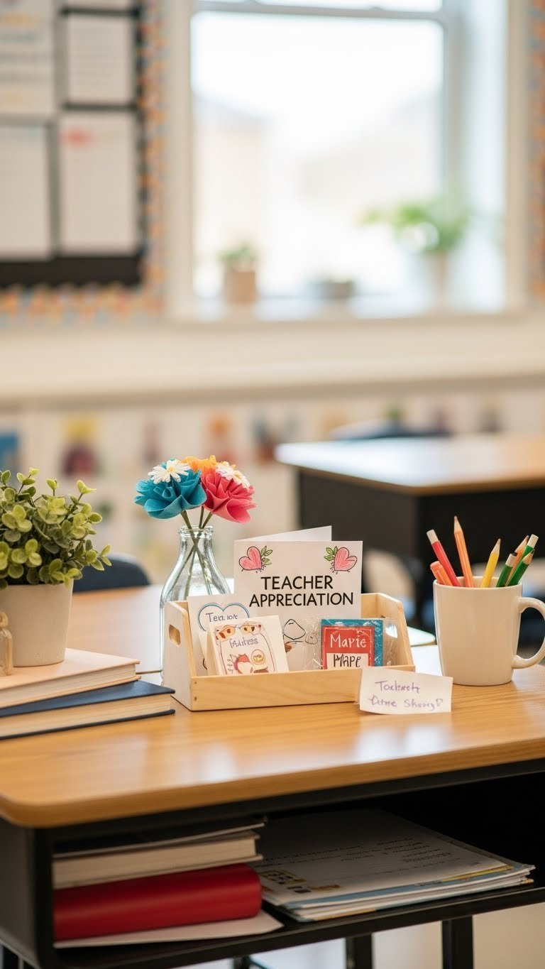 Teacher appreciation station display with handmade student gifts and construction paper flowers on desk