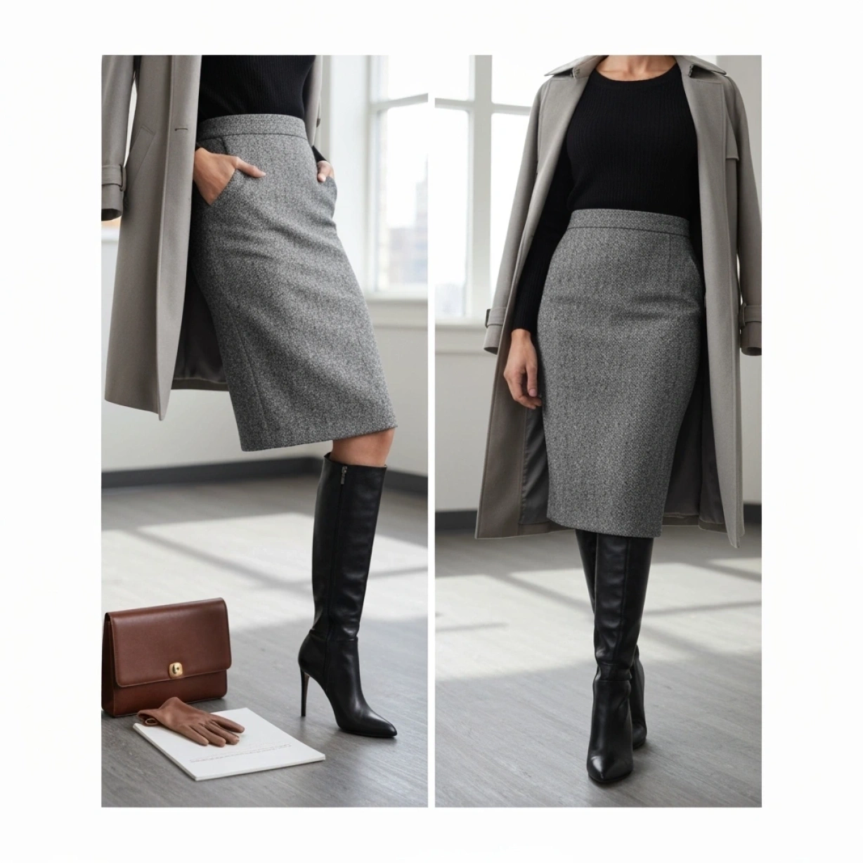 Teacher in charcoal tweed pencil skirt, black knit top, leather boots. Formal, polished professional winter attire.
