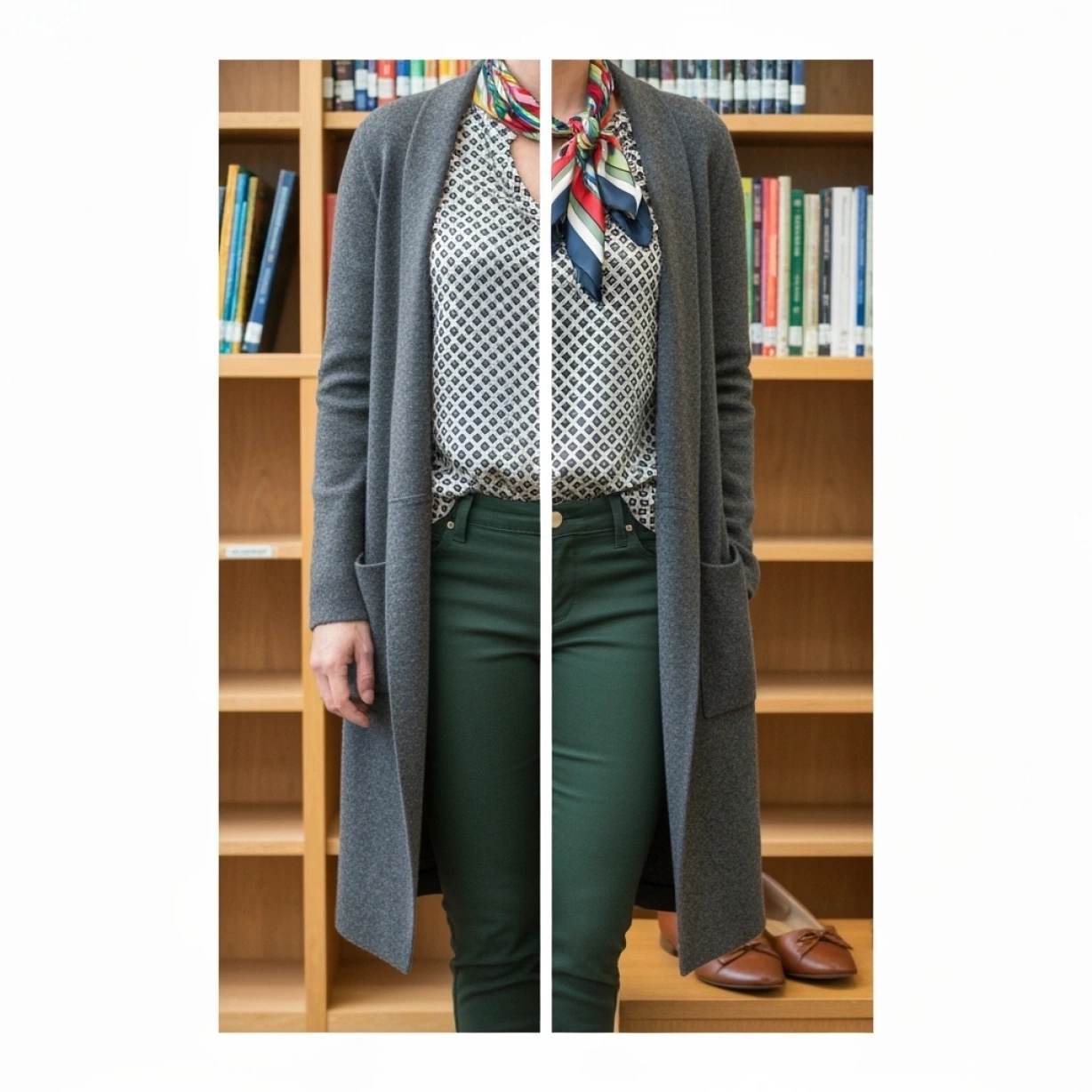 Teacher in charcoal waterfall cardigan, geometric blouse, dark green chinos. Layered professional outfit for school library.