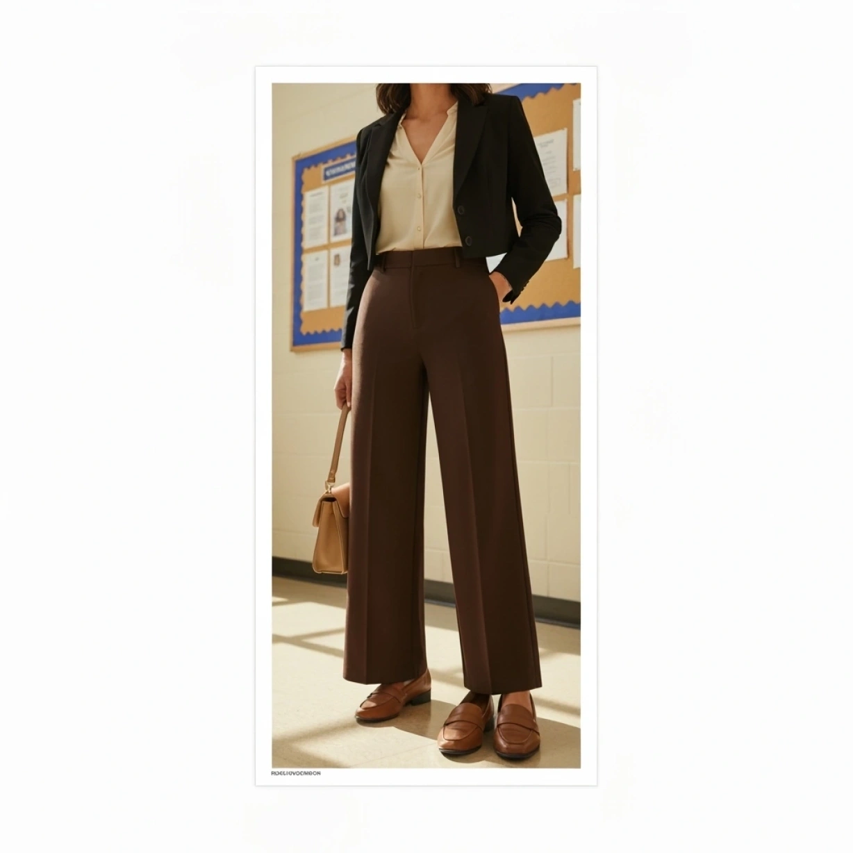 Teacher in dark brown wide-leg trousers, cream blouse, black cropped jacket. Modern professional winter work attire.