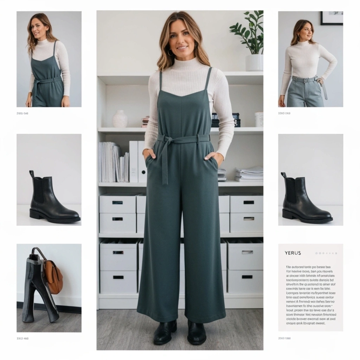 Teacher in dark teal wide-leg jumpsuit, cream mock-neck sweater, black Chelsea boots. Professional cold weather layered outfit.