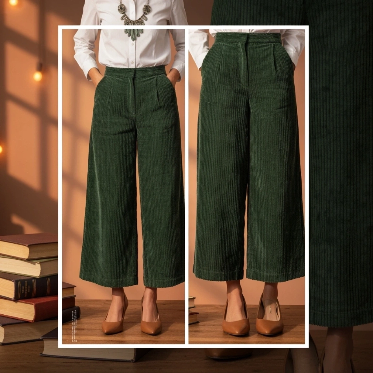 Teacher in forest green corduroy trousers, white button-down shirt. Textured professional outfit with statement necklace.