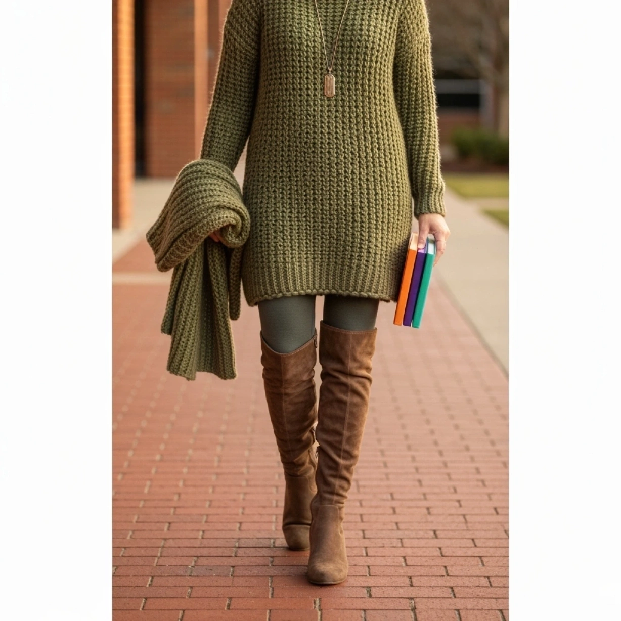 Teacher in olive green chunky knit sweater dress, thermal leggings, knee-high suede boots. Cozy winter outfit for work.