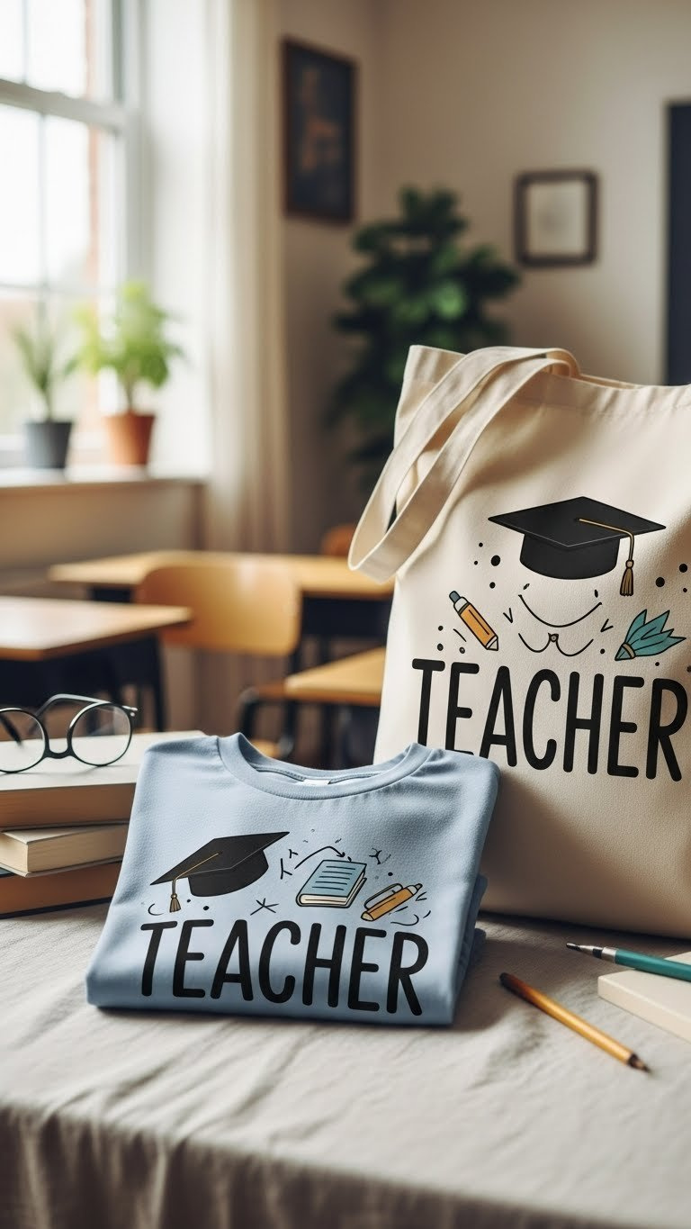Teacher-themed t-shirt or tote bag with educational design neatly folded on minimalist fabric surface with accessories.