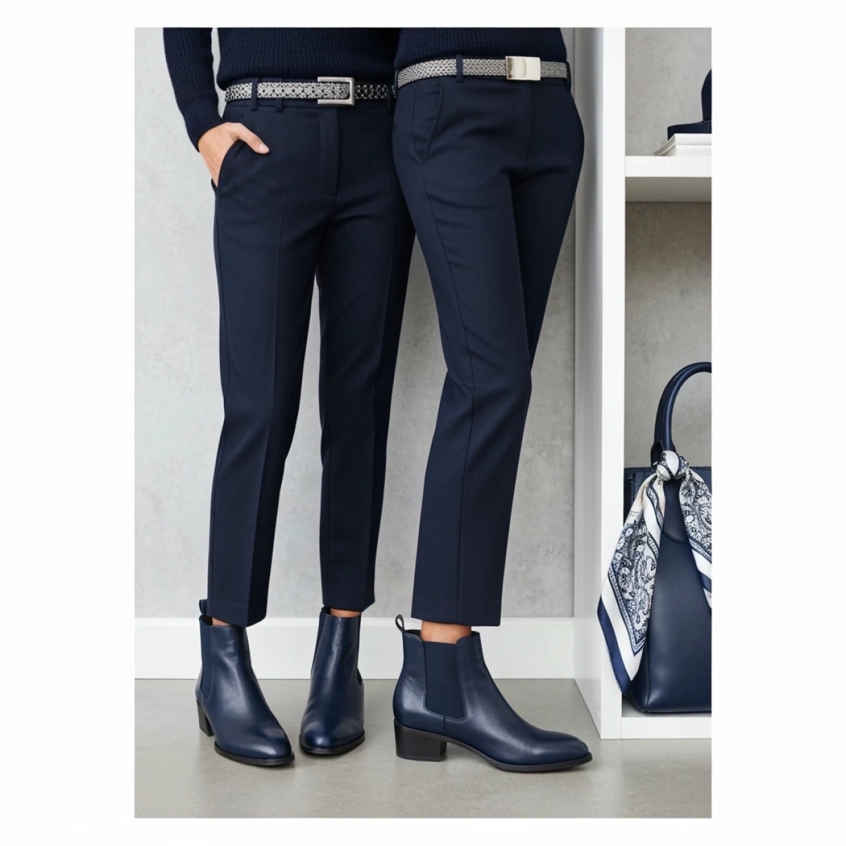 Teacher wears dark navy fine-gauge sweater, wool trousers, leather ankle boots. Chic monochromatic professional outfit.