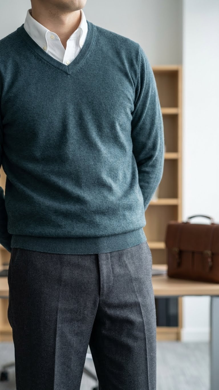 Teal v-neck sweater over a white collared shirt, black wool slacks, and a leather briefcase. Chic professional winter outfit.