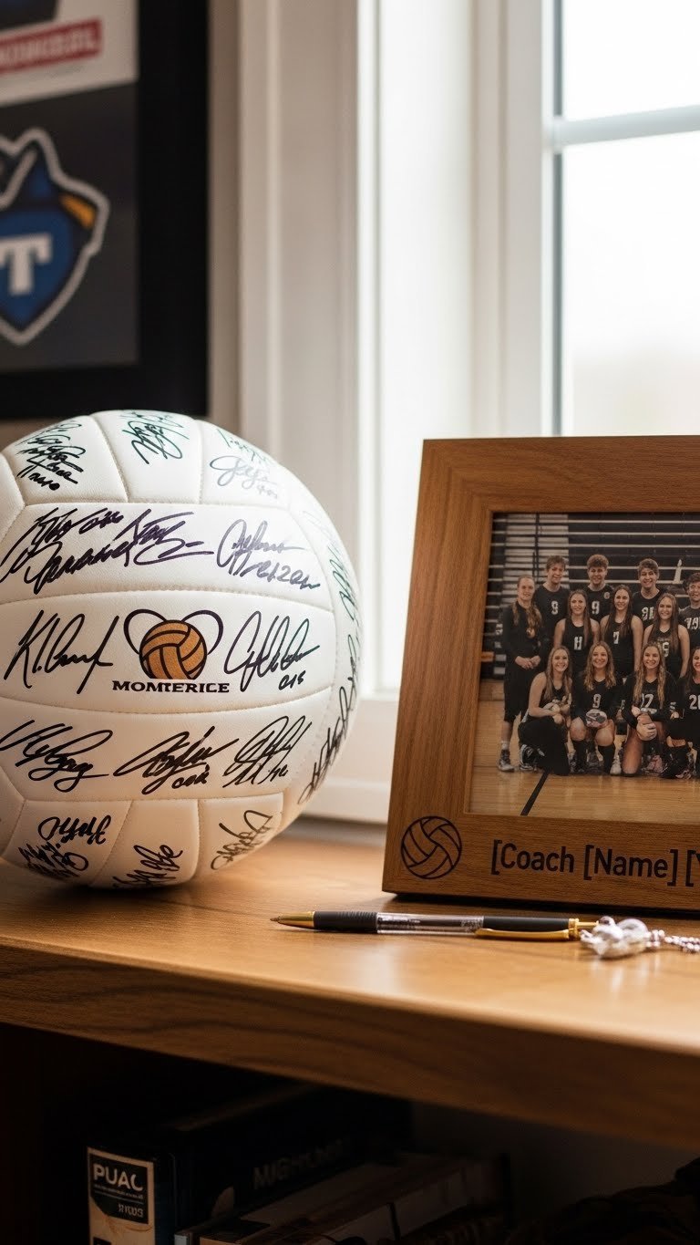 Team-signed volleyball beside personalized photo frame with team photo on rustic wooden shelf in warm lighting