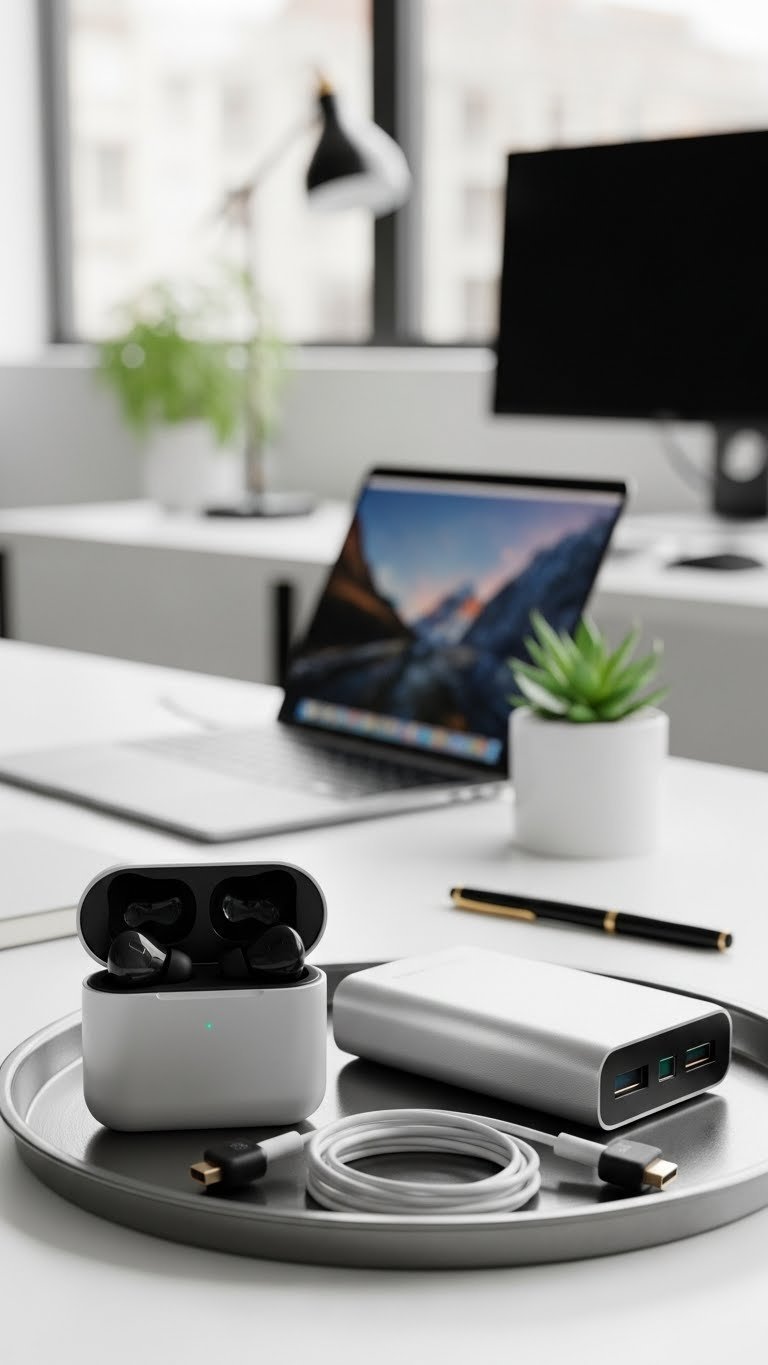 Tech gadget gift basket featuring wireless earbuds, power bank, and cable organizer on sleek metallic tray with modern workspace