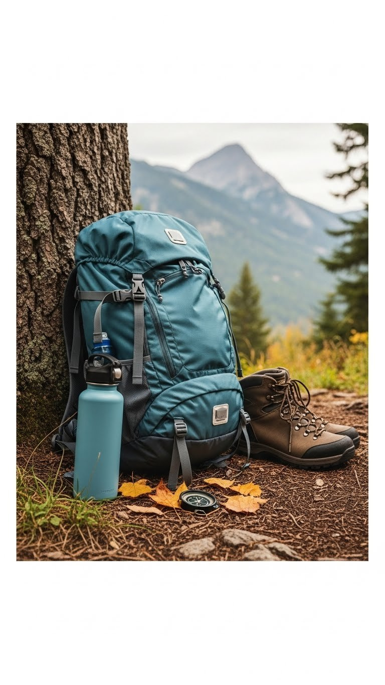 Technical hiking backpack leaning against tree in lush forest with hiking boots and water bottle