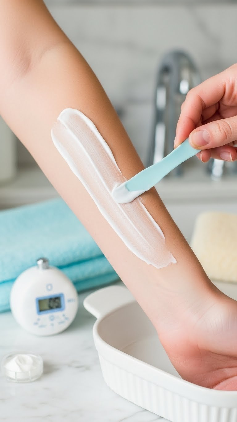 Teen's arm with white hair removal cream applied using plastic spatula on clean marble countertop