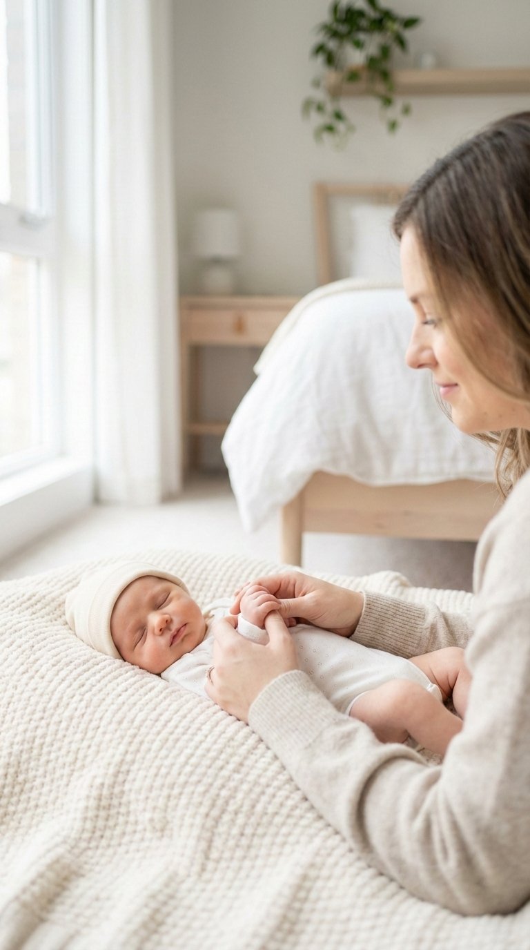 Tender moment between new mom and baby during professional photoshoot with soft natural lighting.