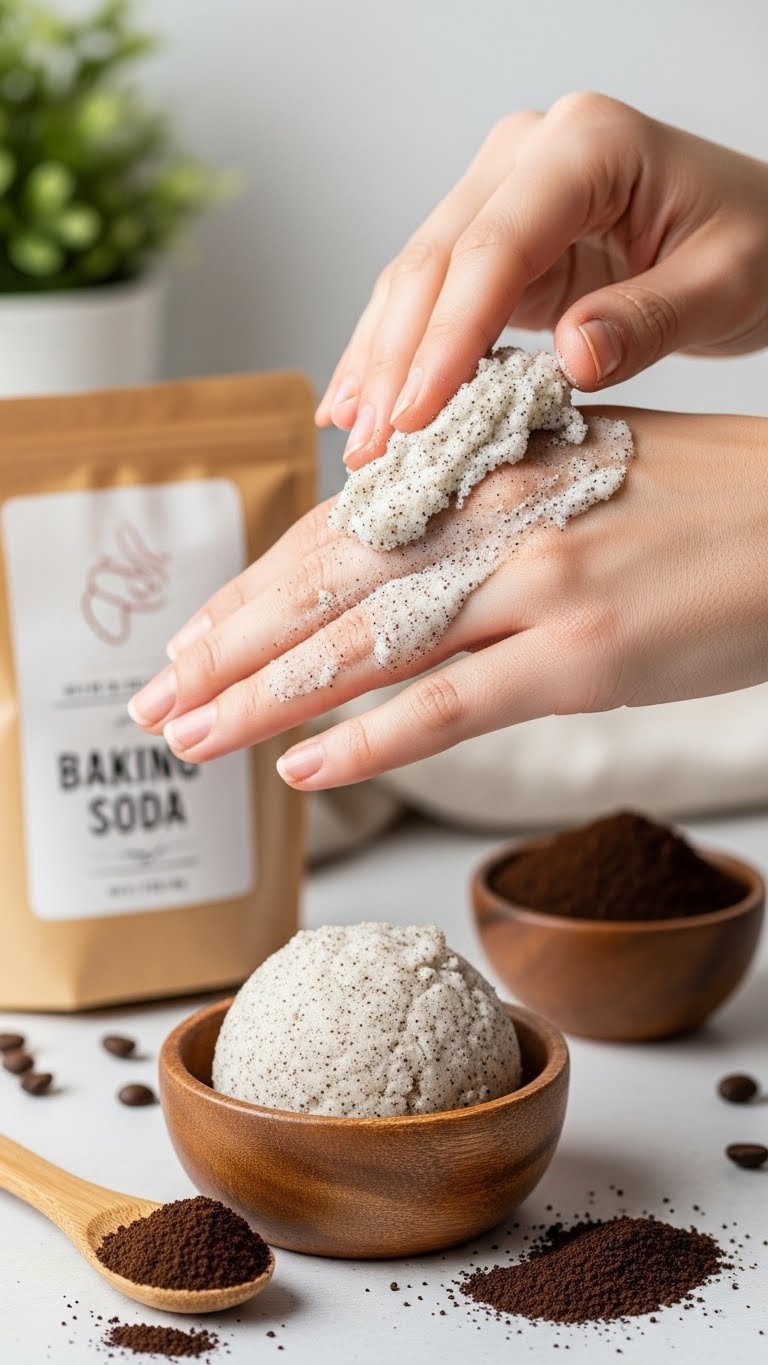 Textured baking soda and coffee ground scrub exfoliating hand with visible natural granules