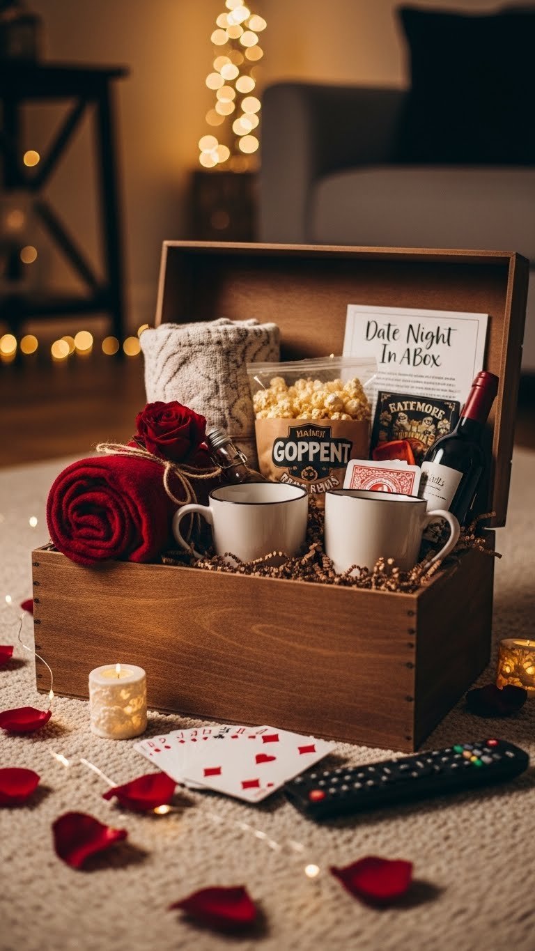 Themed Date Night In A Box overflowing with cozy elements like blanket and gourmet popcorn