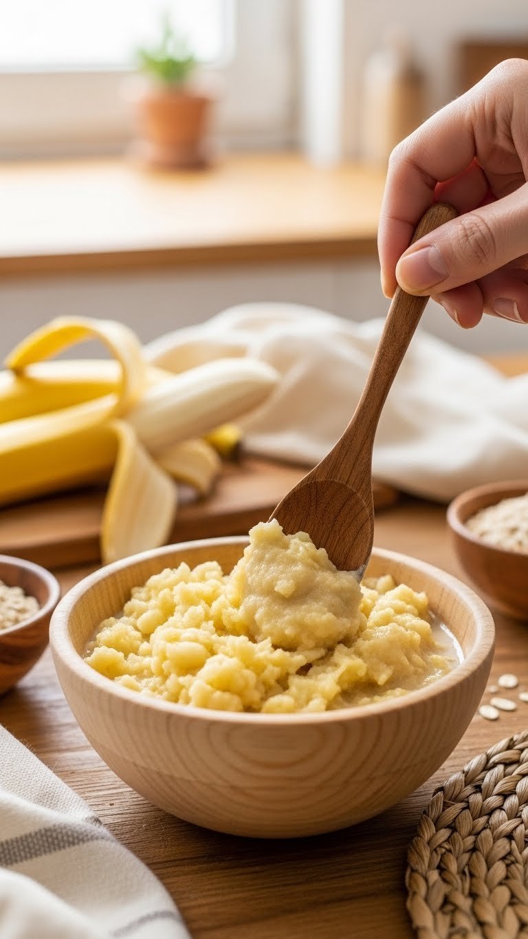 Thick banana oatmeal paste blending in light wooden bowl with rustic spoon on kitchen table