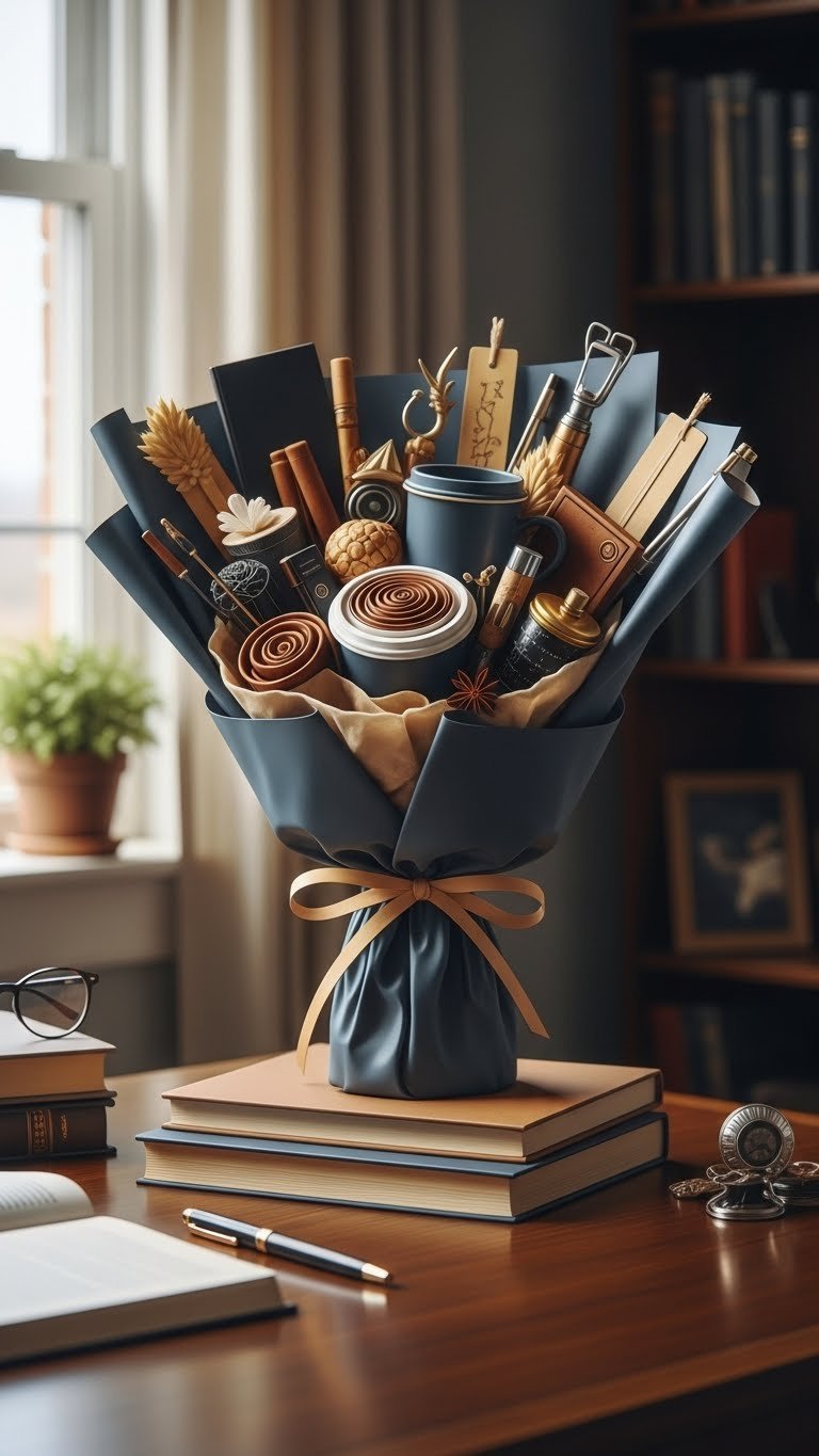 Thoughtful bookworm's bouquet with curated books and hobby tools arranged on polished wooden desk