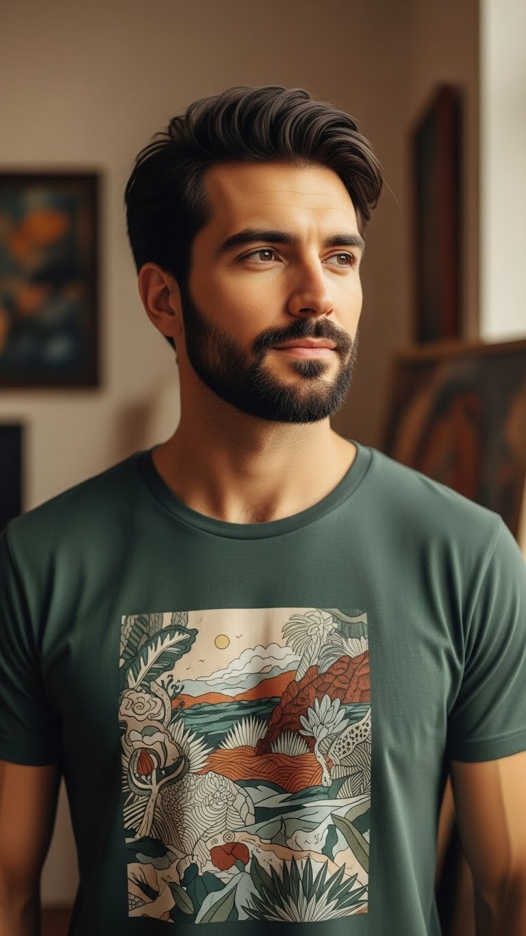 Thoughtful man appreciating intricate hand-drawn illustration t-shirt in refined art studio setting