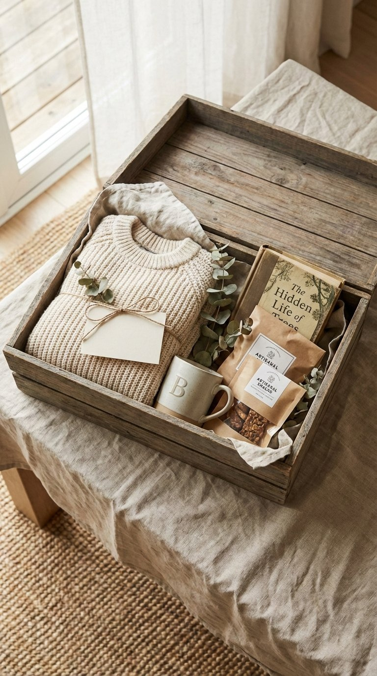 Thoughtfully curated boyfriend care package with snacks, sweater, and personal items in rustic wooden crate arrangement