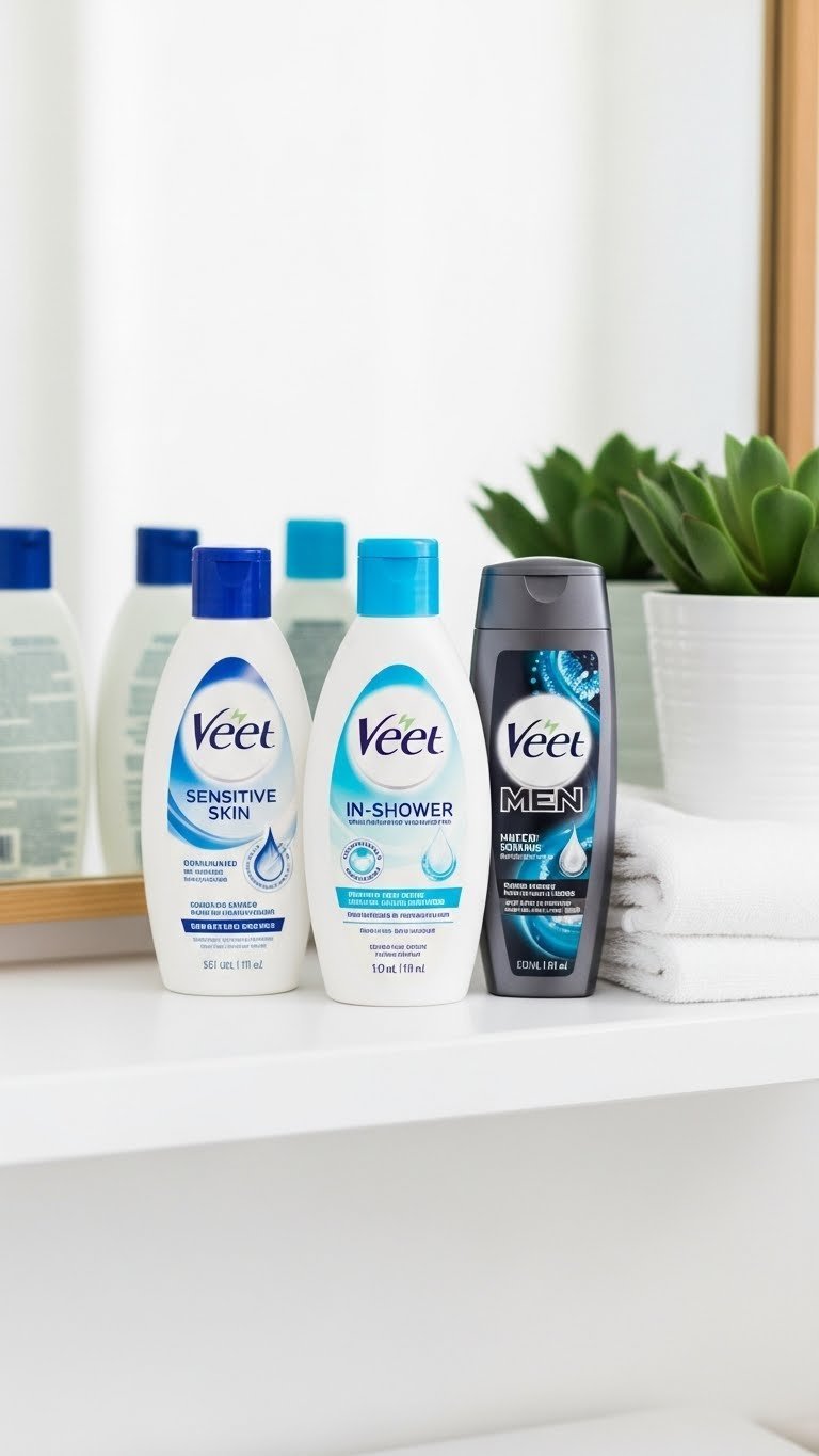 Three Veet hair removal cream product variants displayed on clean minimalist bathroom shelf