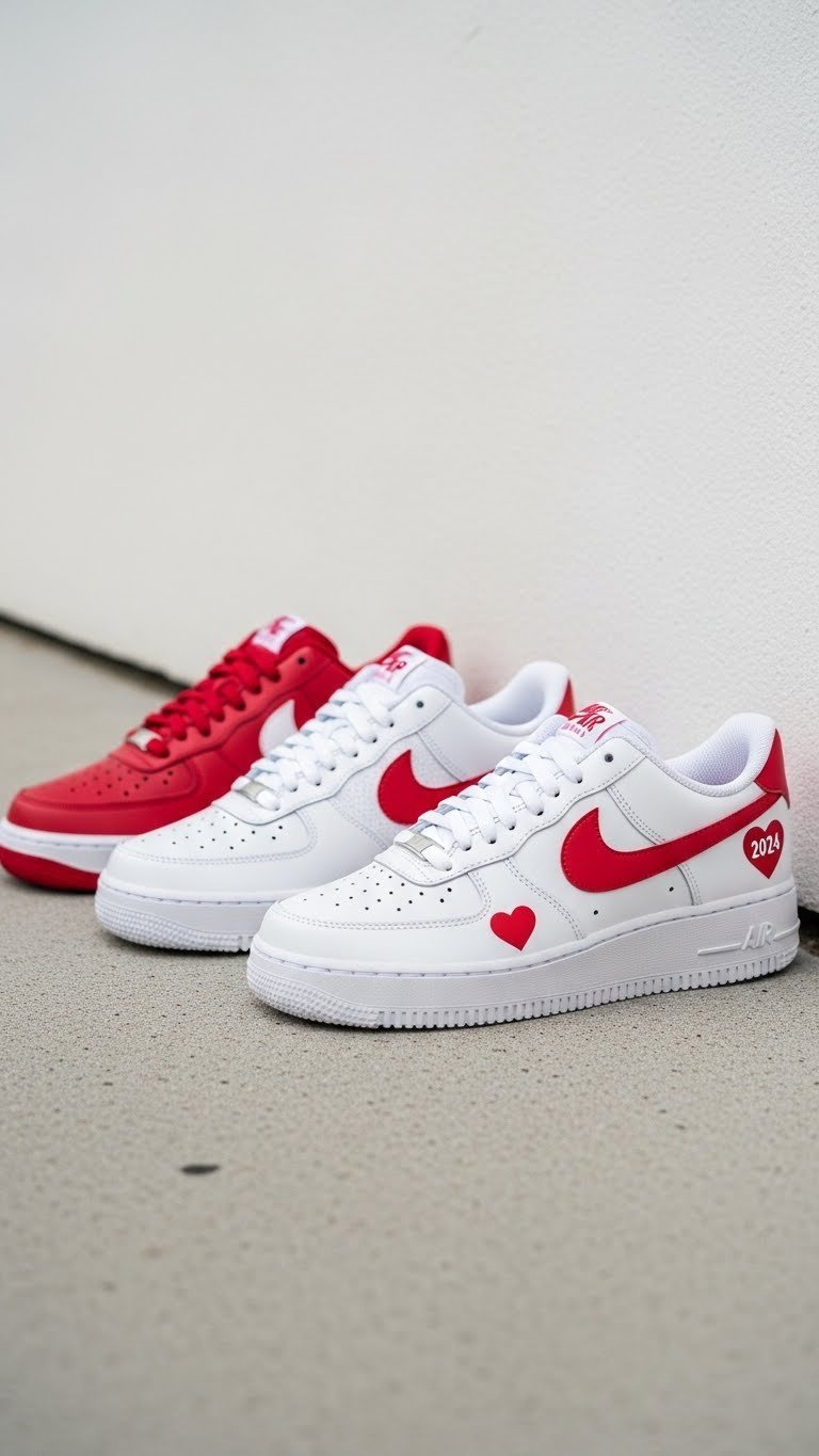 Three different Nike Air Force 1 Low Valentine's Day sneakers from various years displayed side-by-side on concrete surface