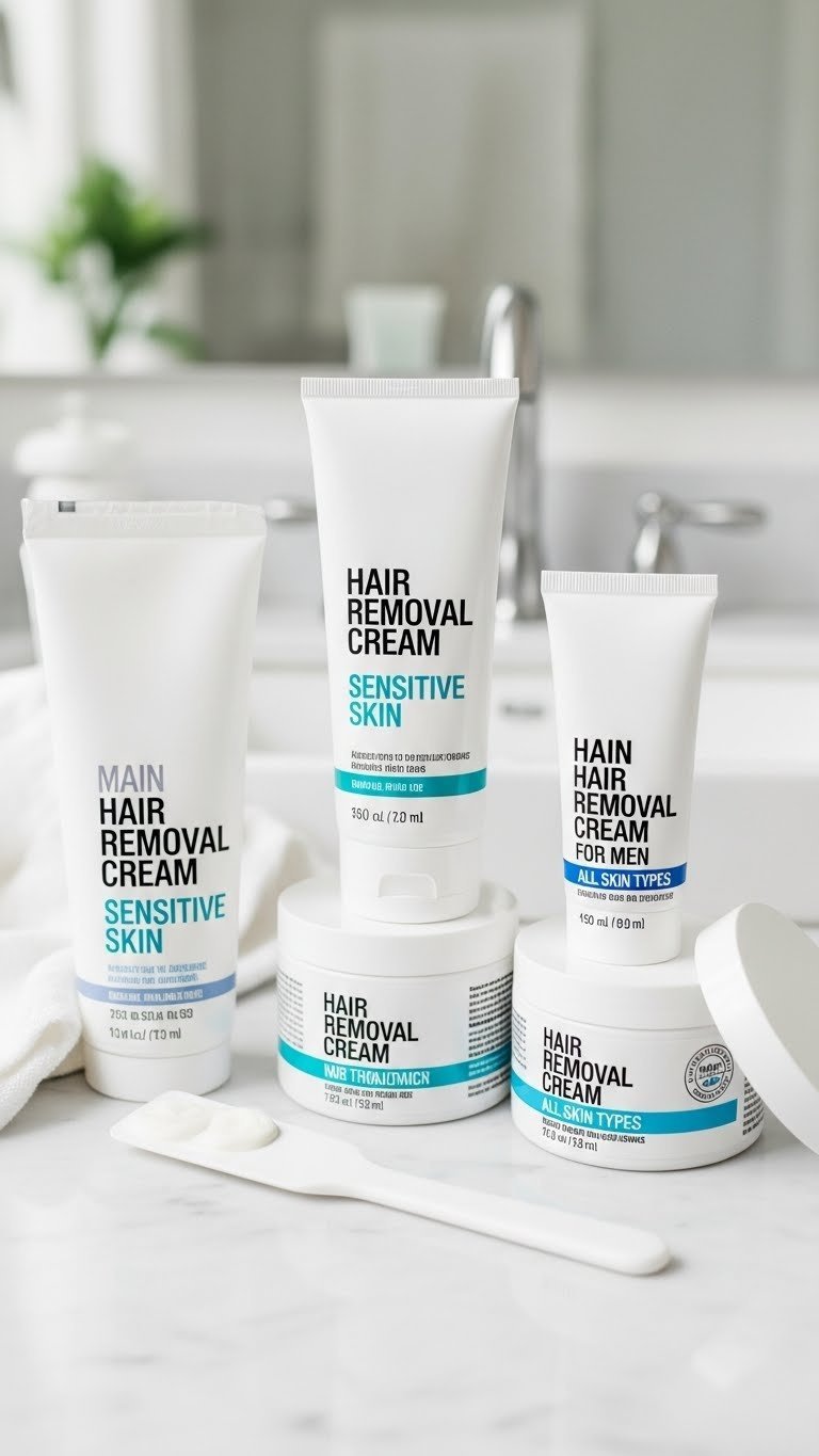 Three distinct men's hair removal cream tubes arranged artfully on clean marble surface showing product variety
