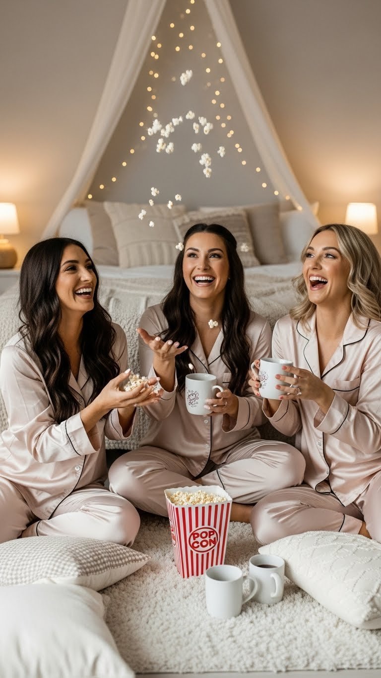 Three female friends laughing and playfully tossing popcorn while wearing matching silk pajamas during a cozy bedroom photoshoot.