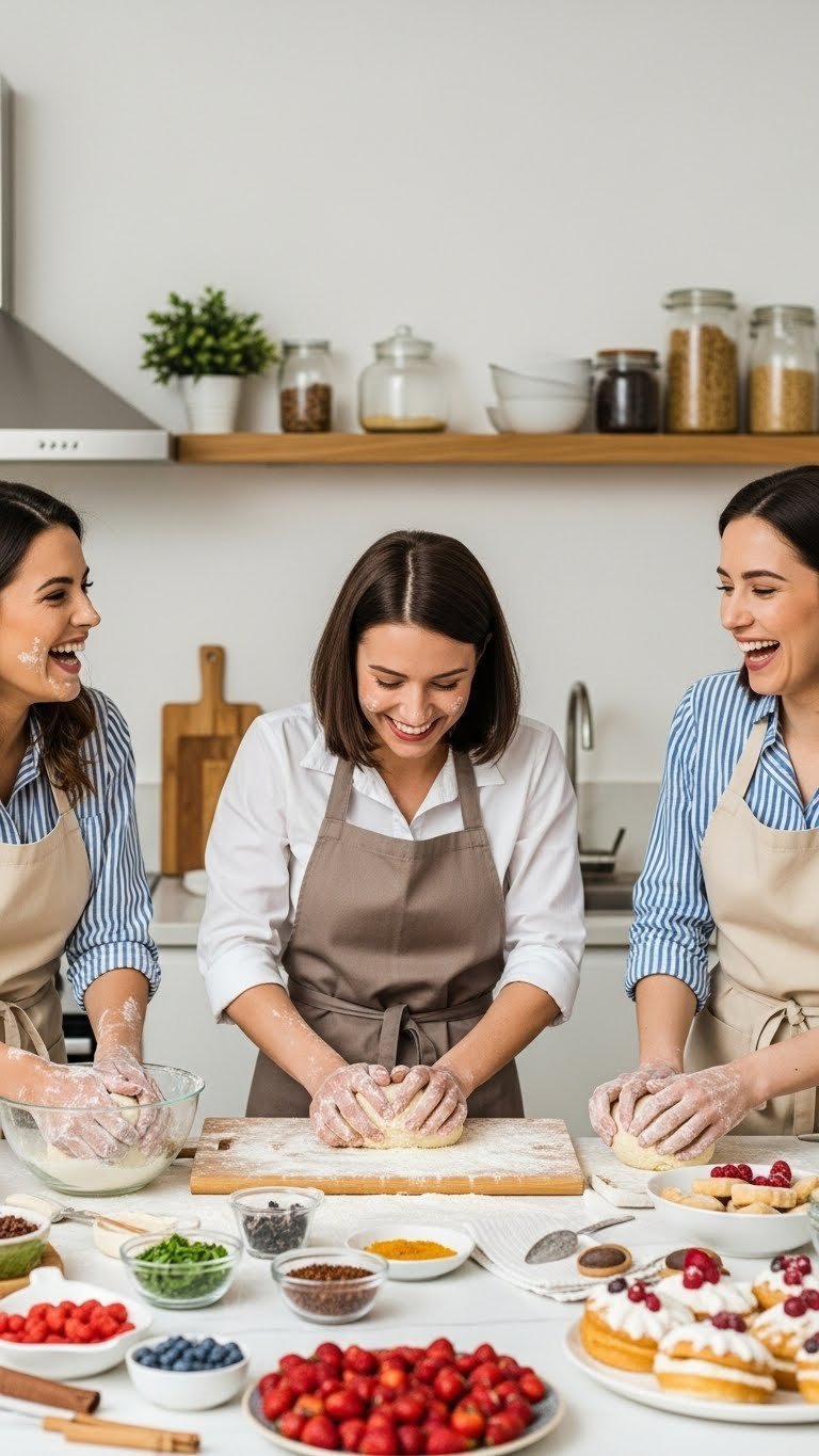 Three female friends laughing joyfully while kneading dough together in matching aprons during a fun cooking class photoshoot.