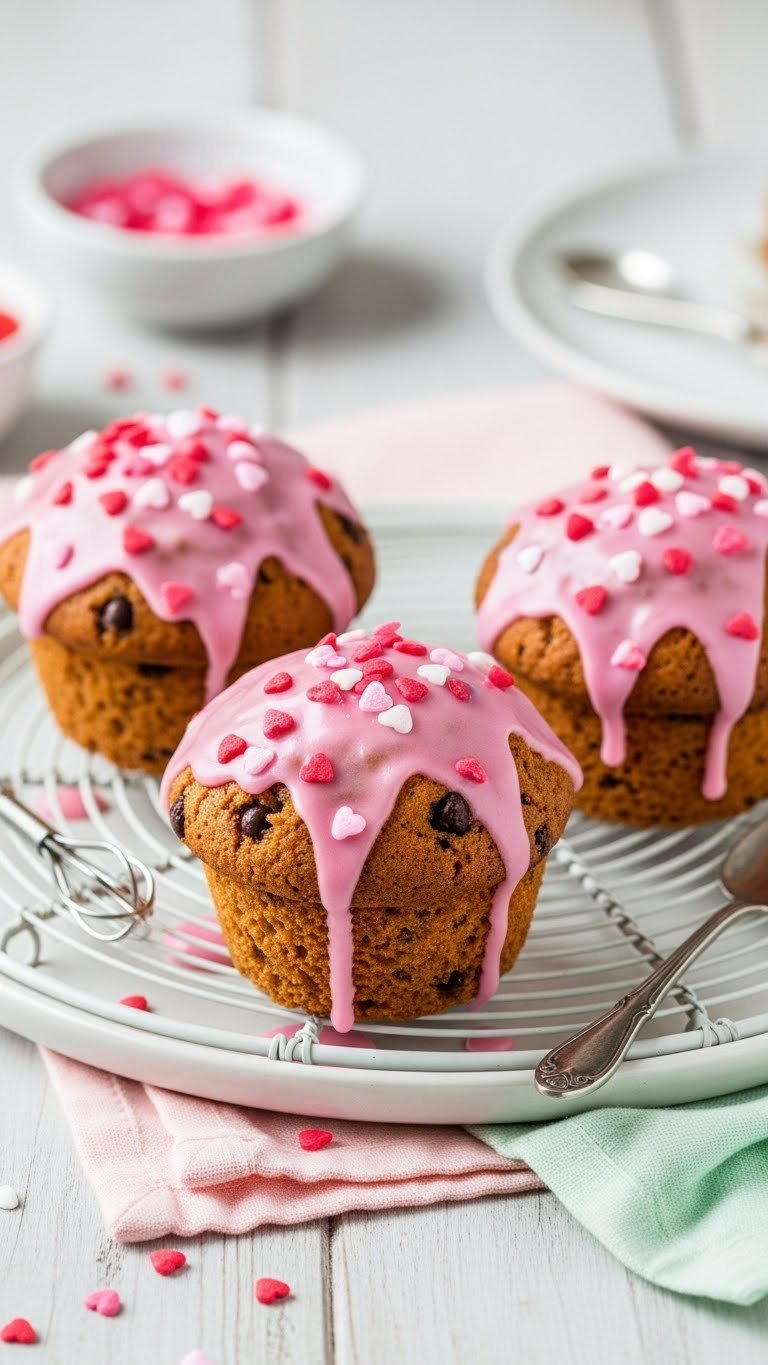 Three golden-brown chocolate chip muffins with pink glaze and heart sprinkles arranged on a white wire cooling rack.