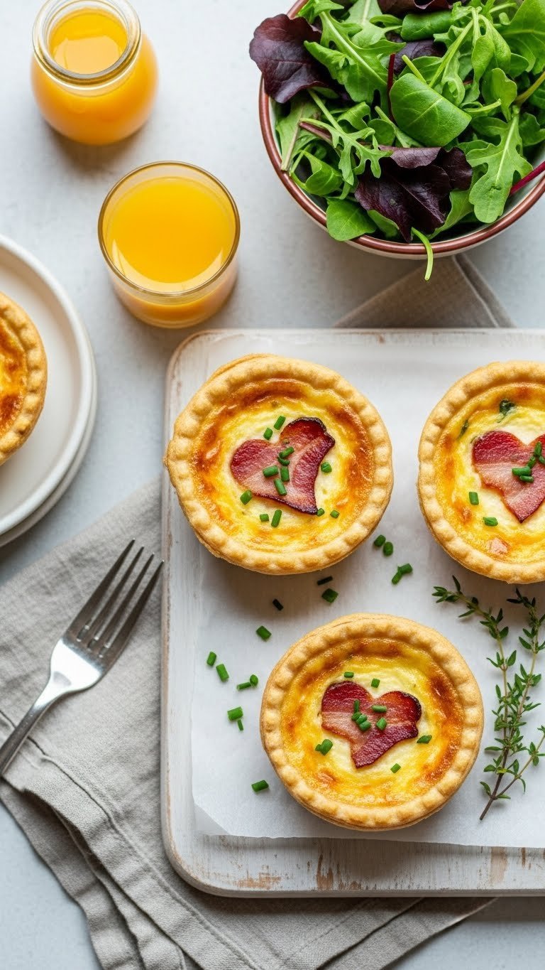 Three golden-brown mini quiches topped with heart-shaped bacon pieces and fresh chives on a rustic wooden board.