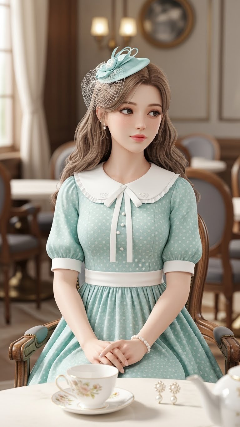 Three-quarter body shot of virtual avatar in pastel blue polka dot dress posing demurely in vintage café setting