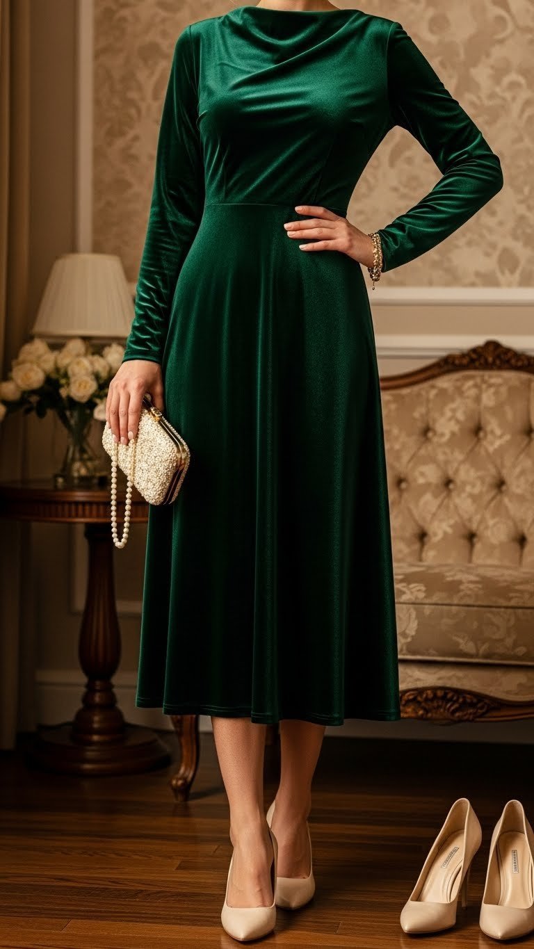 Three-quarter shot of deep emerald green velvet midi dress with pearls and clutch for elegant date night look