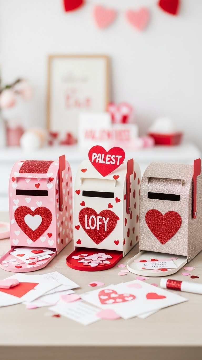 Three uniquely decorated personalized children's Valentine mailboxes with glitter, stickers, and heart accents on a light wooden table with soft lighting
