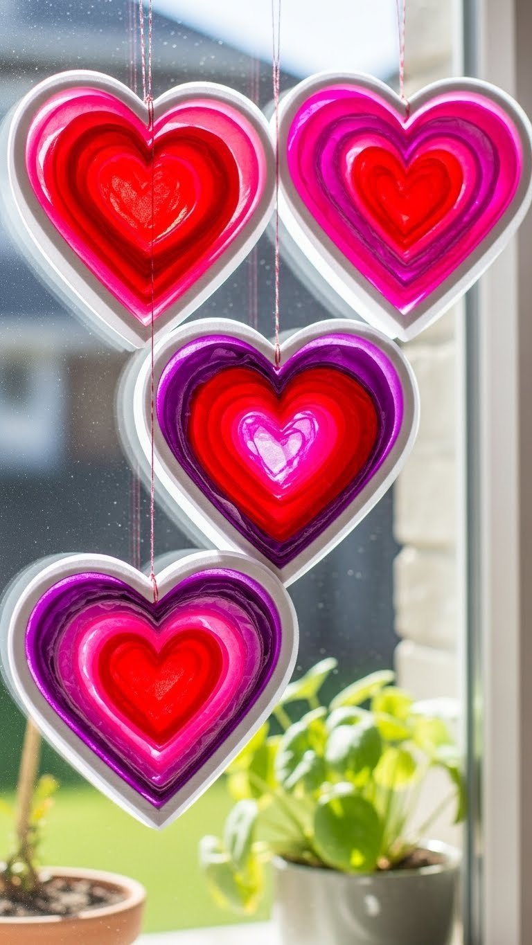 Three vibrant heart suncatchers made from red, pink, and purple tissue paper hanging in a sunlit window casting colorful reflections.