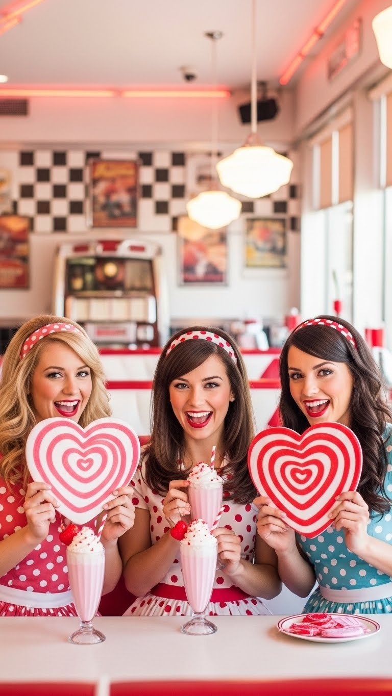 Three young women dressed in 1950s retro diner outfits holding oversized candy hearts and milkshakes in a vibrant diner booth.