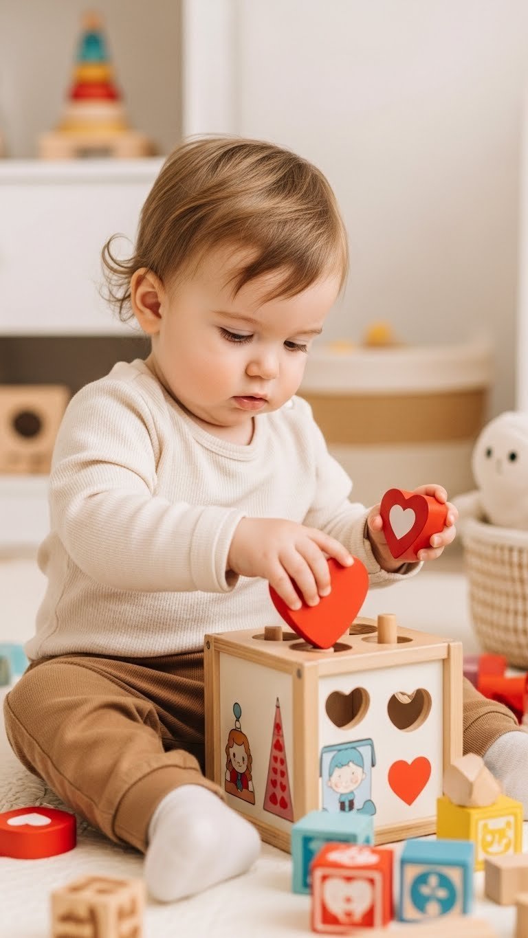 Toddler playing with love-themed wooden sorting toy shaped like hearts on play mat
