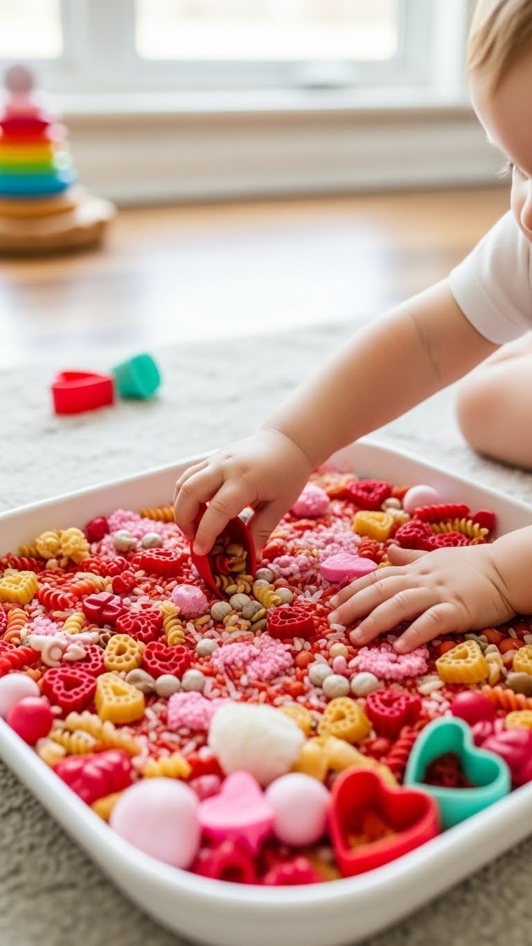 Toddler's hands exploring Valentine's Day sensory bin filled with red rice and heart-shaped pasta