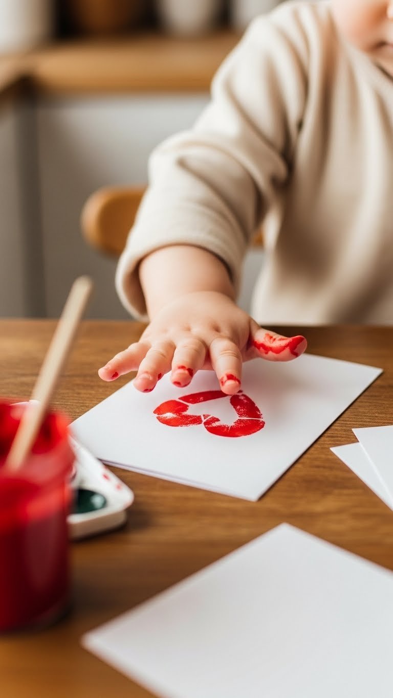 Toddler's small hand creating heart-shaped paint print on white cardstock with red paint on rustic wooden table