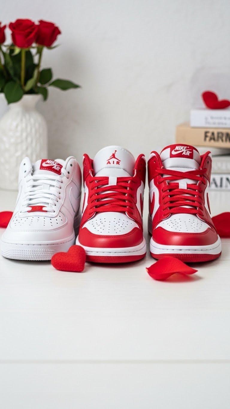 Top-down flat lay comparison of three Valentine's Day sneakers including Air Jordan 1 Low on white backdrop