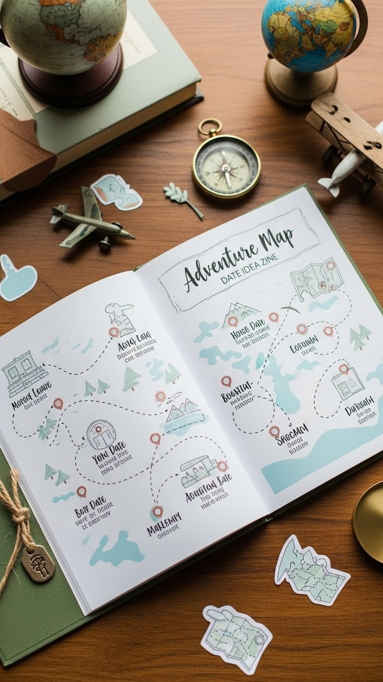Top-down flat lay of adventure map date idea zine with hand-drawn illustrations on rustic wooden table