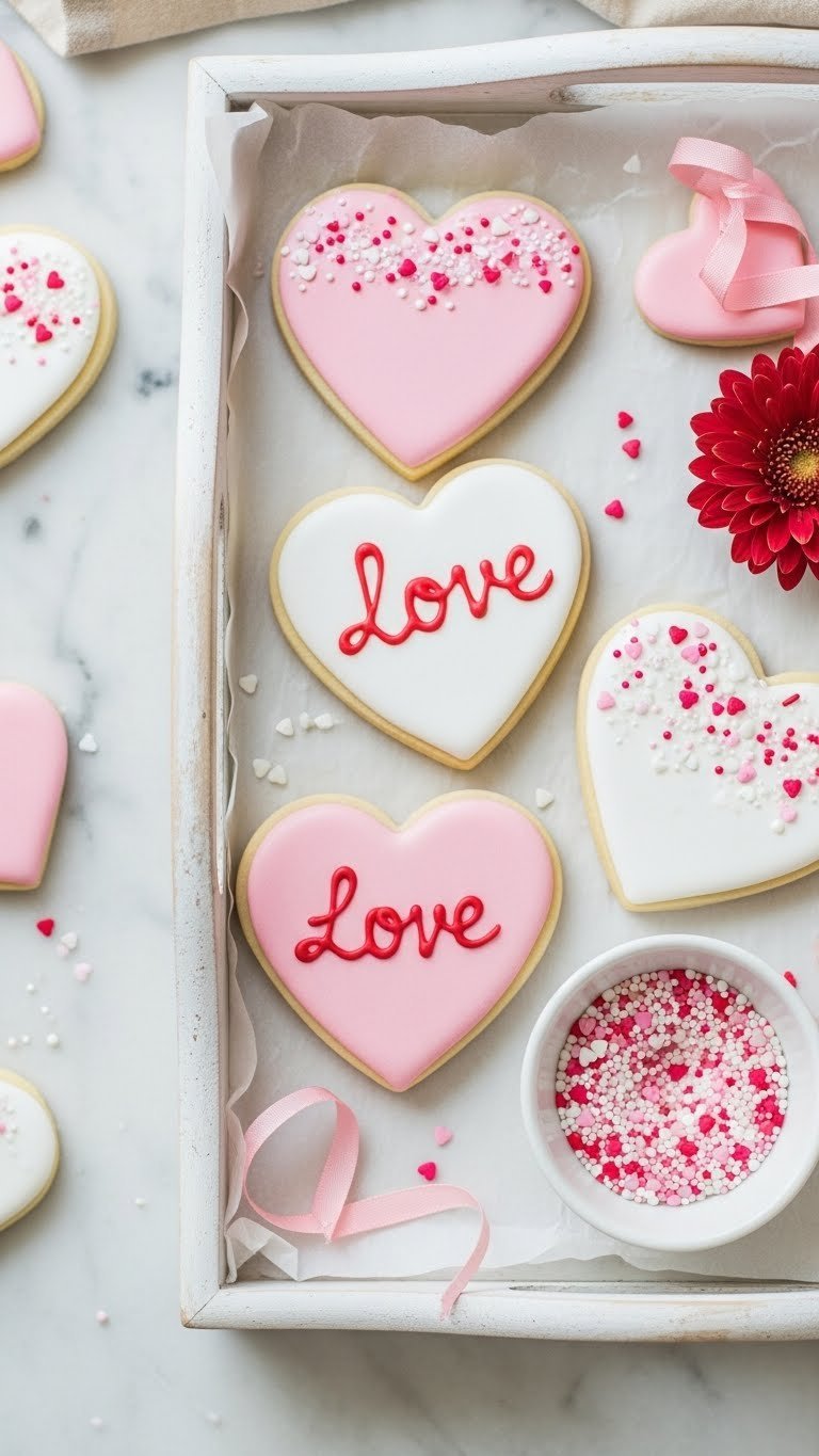 Top-down flat lay of beautifully decorated heart-shaped sugar cookies with pink royal icing on a light wooden tray