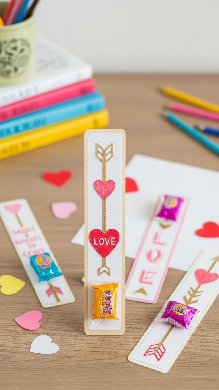 Top-down flat lay of colorful Valentine's Day bookmarks with attached treats on a wooden desk surface