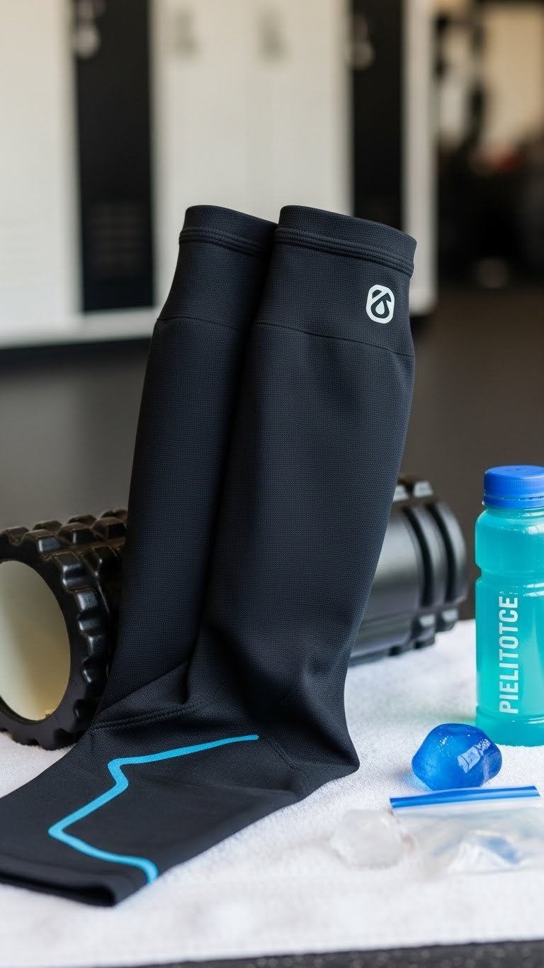 Top-down flat lay of dark compression sleeves folded on white athletic towel with recovery accessories