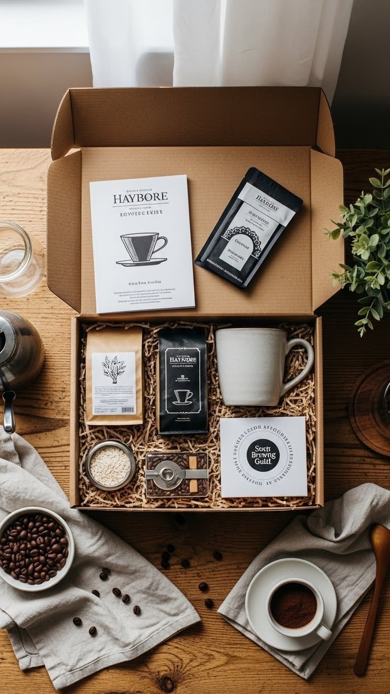 Top-down flat lay of elegant coffee subscription box with premium beans, ceramic mug, and brewing accessories on rustic wooden table