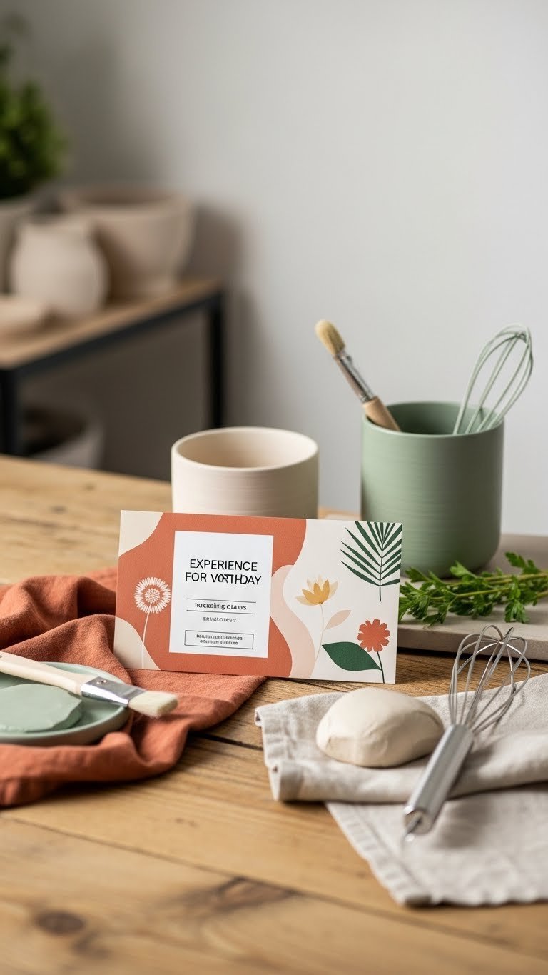 Top-down flat lay of experience gift voucher with pottery tools on rustic wooden table for creative birthday present