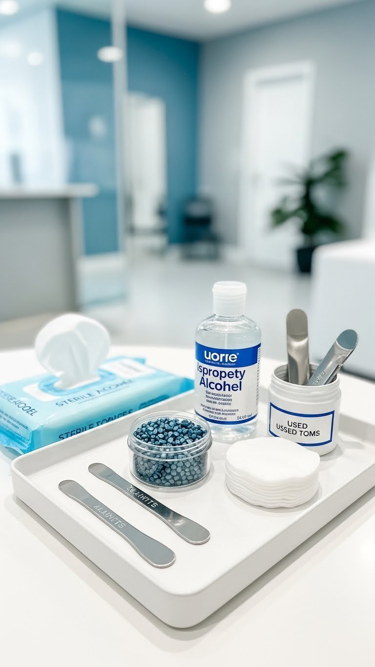 Top-down flat lay of sanitized waxing tools including metal spatulas and alcohol on sterile tray