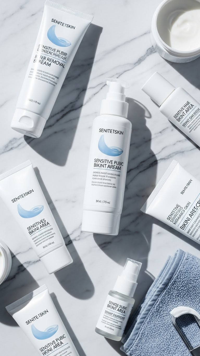 Top-down flat lay of sensitive skin intimate hair removal cream tubes and bottles arranged on marble countertop