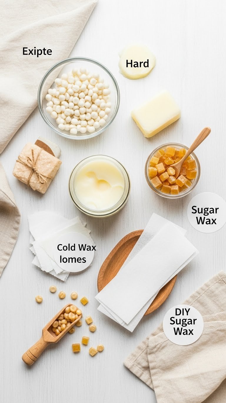 Top-down flat lay showing various at-home hair removal wax products arranged aesthetically on wooden surface