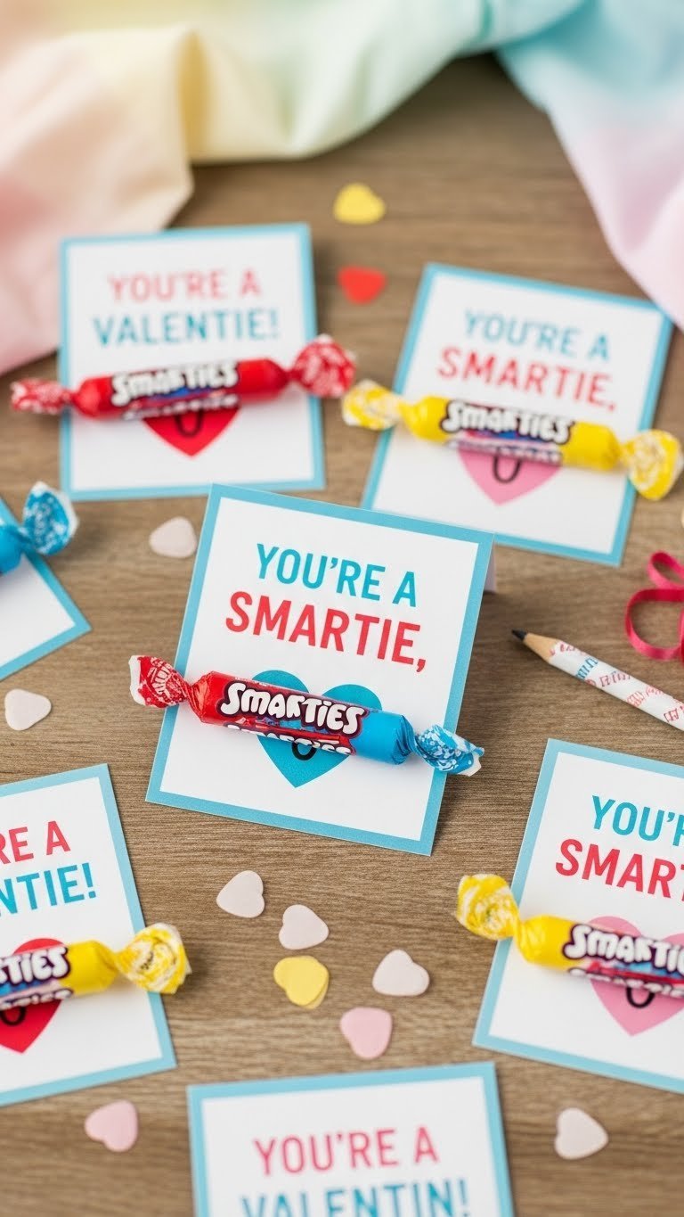 Top-down view of Smarties candy rolls attached to colorful Valentine's Day cards on a rustic wooden table